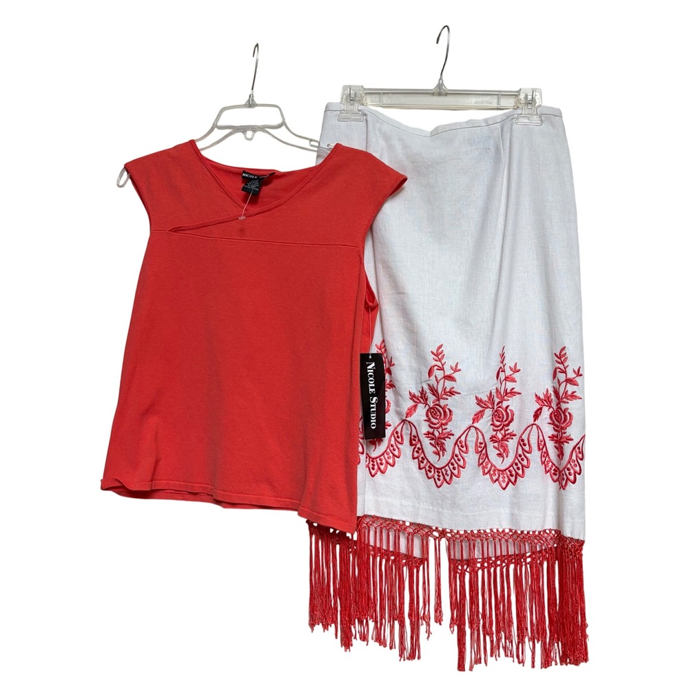 Nicole Studio Women Coral Silk Knit Top & White Embroidered Fringe Skirt Set 10